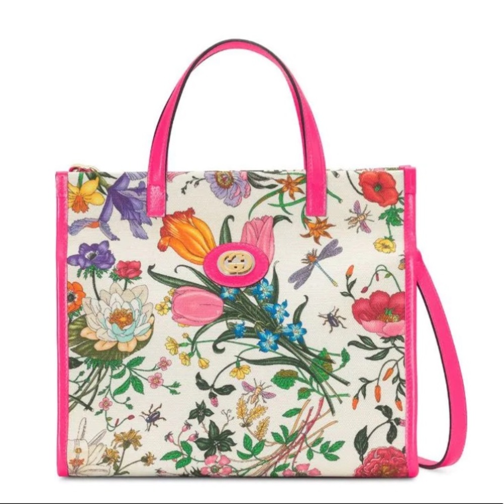 NEW Gucci Flora leather-trimmed printed canvas tote